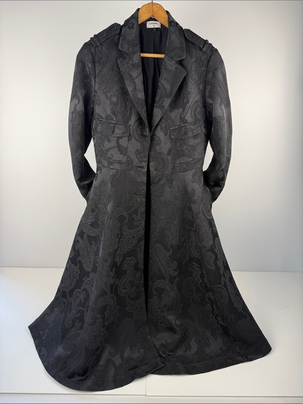 Vintage CHANEL Black Paisley Jacquard Long Coat.” NO BUTTONS”